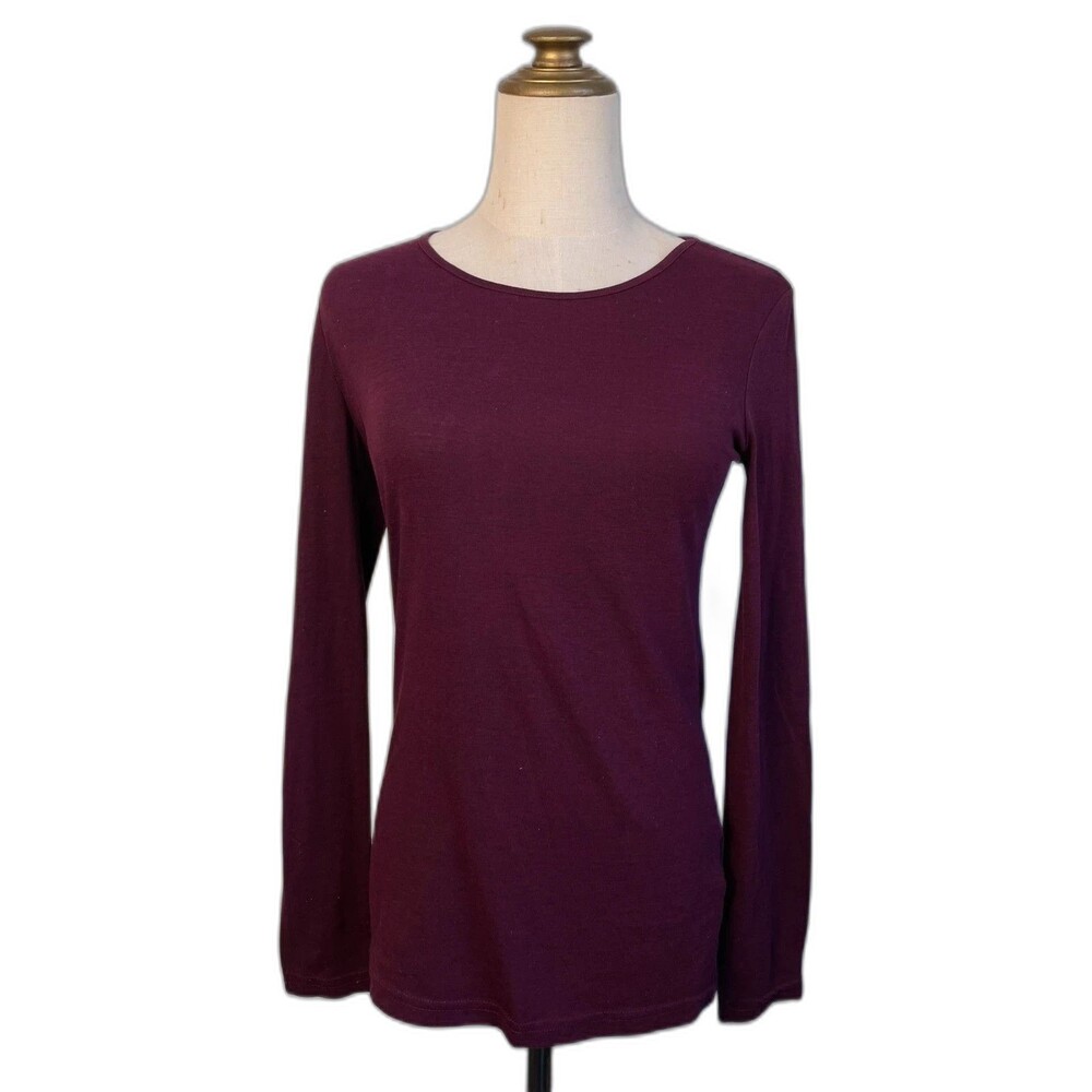 cotton women small burgundy plum heather longsleeve crew neck top basic h&m